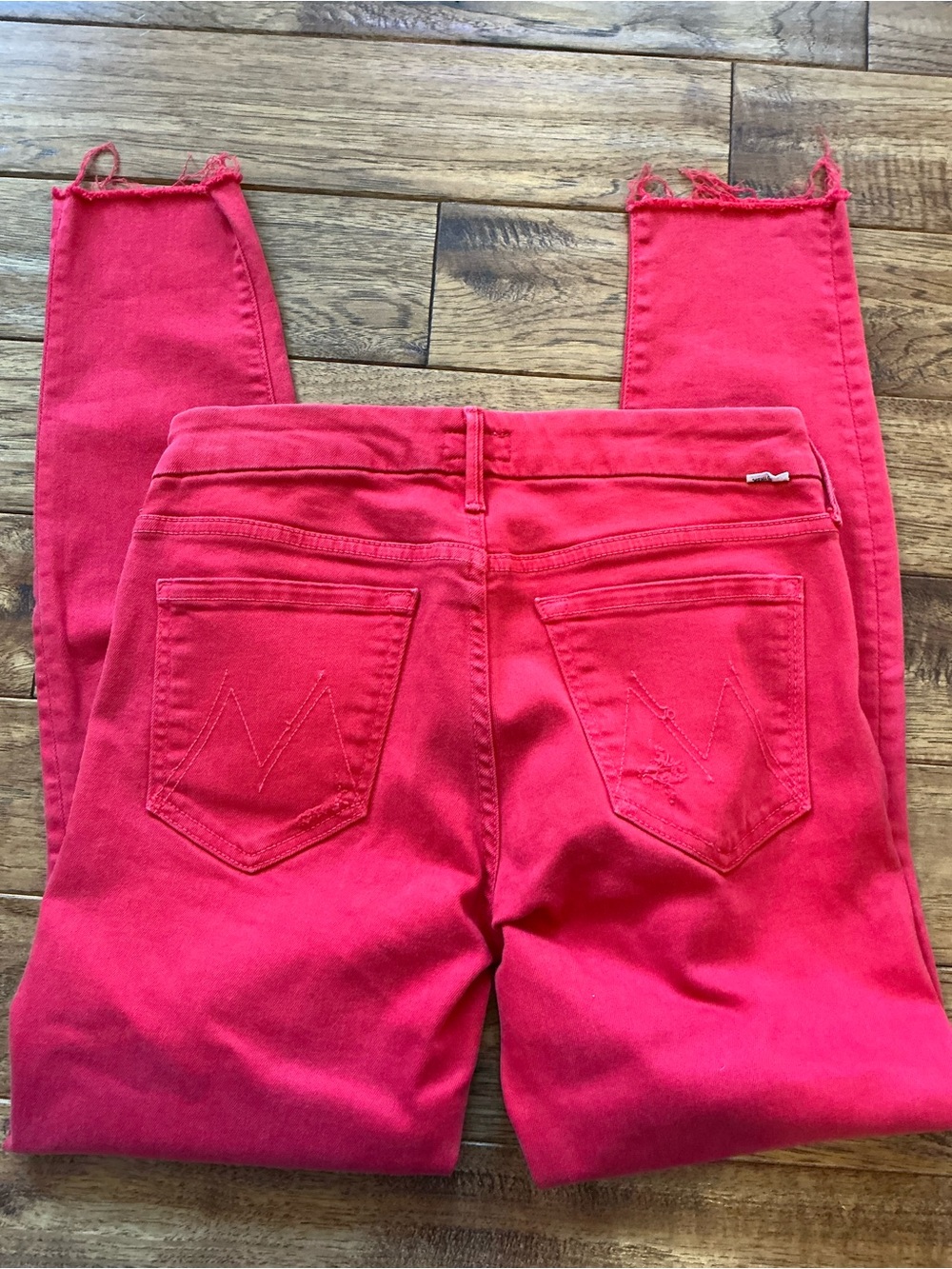 MOTHER denim, Looker Ankle Fray, Red, Blow by Blow, size 27, distressed hem